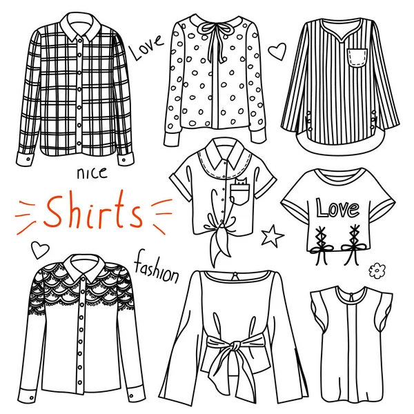 Conjunto de mão desenhada mulheres roupas. Camisas — Vetor de Stock