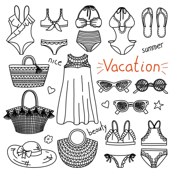 Set hand getrokken vrouwen kleren en accessoires. Vakantie — Stockvector