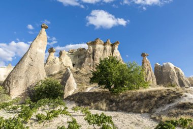 Türkiye 'nin Kapadokya, Nevsehir, Türkiye' de volkanik tufa oluşumları.
