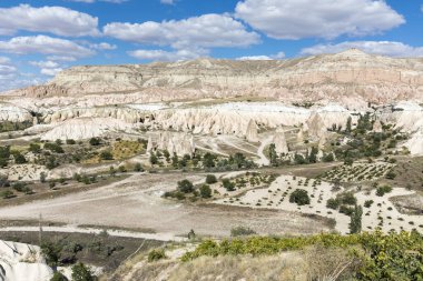 Türkiye 'nin Kapadokya, Nevsehir, Türkiye' de volkanik tufa oluşumları.