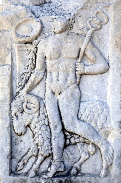 Antique Bas Relief God Commerce Hermes Ram Image Ephesus Turkey — Stock Photo, Image