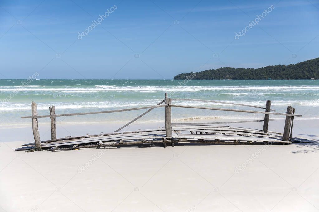 Old wood bridge, saracen bay beach, koh rong samloem island, sihanoukville, Cambodia.