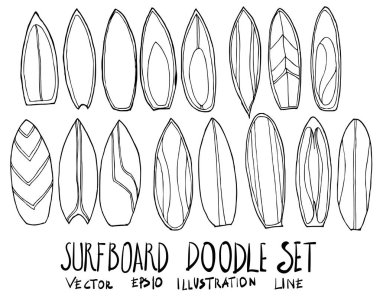 Sörf tahtası illüstrasyon elle çizilmiş doodle kroki satır vect kümesi