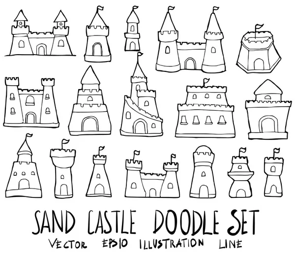 Set Sand Castle illüstrasyon elle çizilmiş doodle kroki satır ve