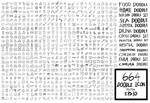 MEGA set of 664 doodle icon of food,home,building,sea,simmer,dri — Stock Vector