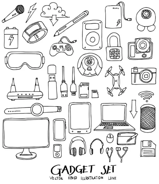 Conjunto de Doodle Gadget Desenho à mão Desenho de linha ilustração vetorial —  Vetores de Stock