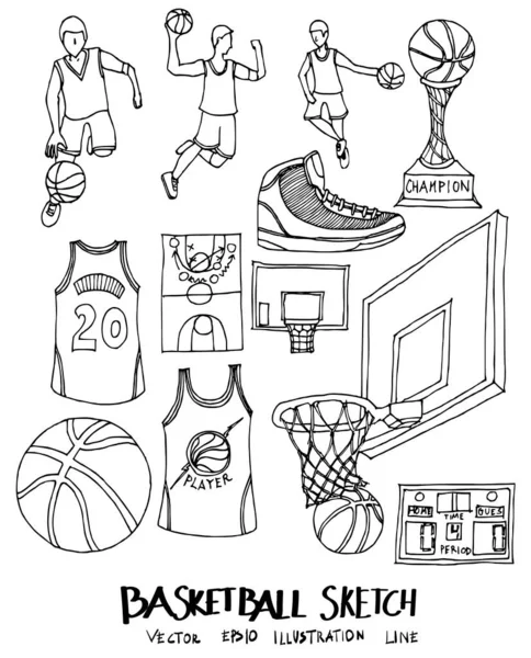 Set van Doodle Basketbal met de hand getekend Schetslijn vector illustreren — Stockvector