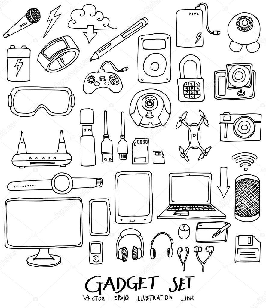 Set of Doodle Gadget Hand drawn Sketch line vector illustration 