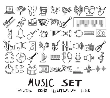 Beyaz arkaplan ile müzik çizgisi simgelerinin vektör illüstrasyonu