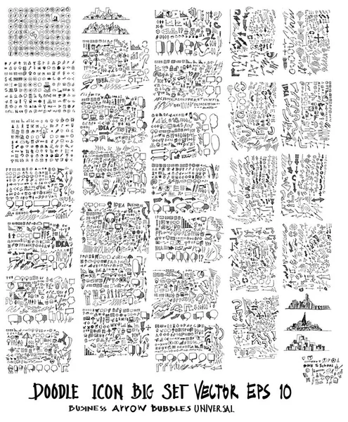 Mega karalama seti. Süper konuşma, iş dünyası, medya, ağaç, bina, ev, ok, bilgi karalama koleksiyonu 