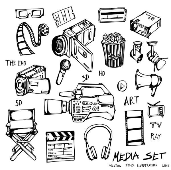 Conjunto desenhado à mão de elementos de filme de doodle de filme de cinema  no estilo de desenho
