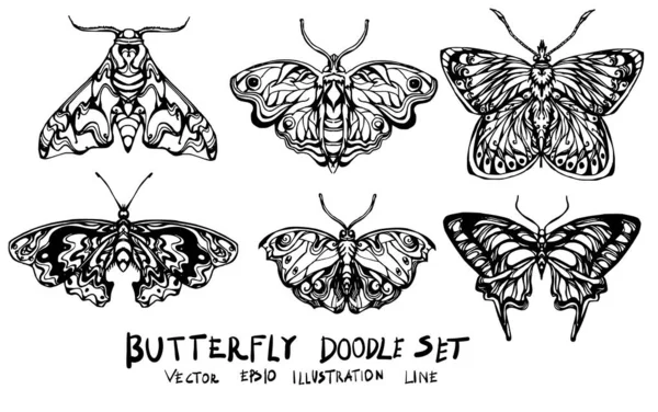 Ensemble Illustration Gribouillis Papillon Dessiné Main Vecteur Ligne Croquis — Image vectorielle