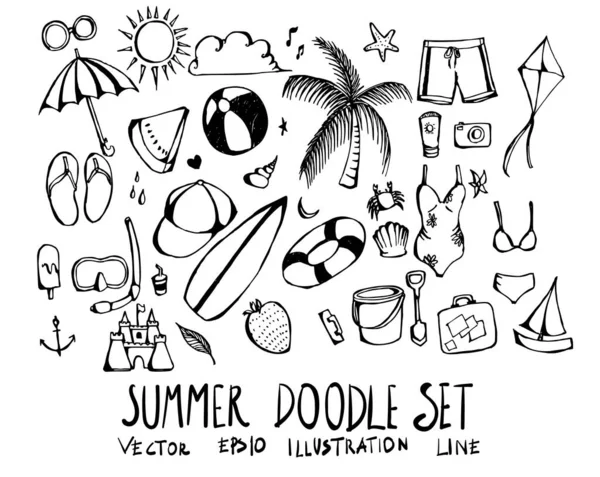 Set Summer Doodle Illustration Hand Drawn Sketch Line Vector — Stock Vector