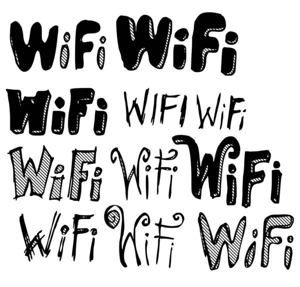 Set Wifi Word Doodle Illustration Handgezeichnete Skizze Linienvektor — Stockvektor