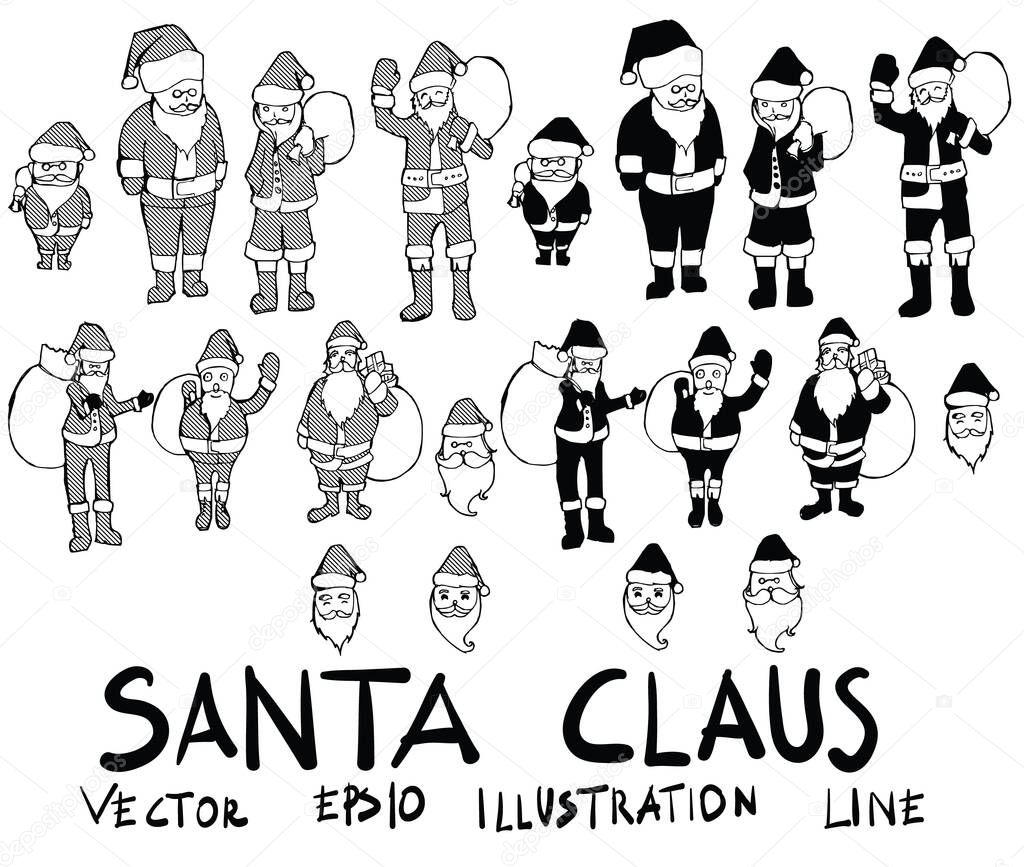 Hand drawn santa isolated. Vector sketch black and white background illustration icon doodle