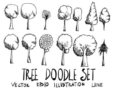 Ağaç çizimi seti El çizim çizimi çizim çizim çizgisi vektörü