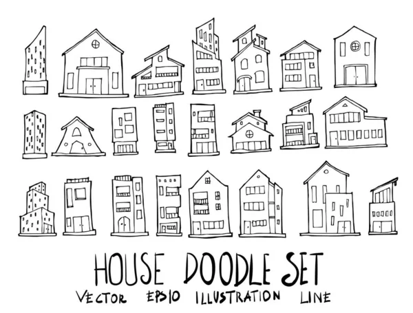 Set Van Huis Illustratie Handgetekende Doodle Schets Lijn Vector — Stockvector