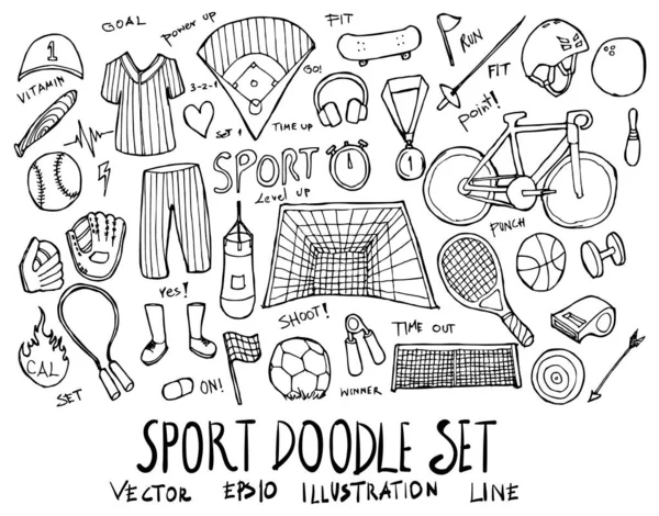 Set Med Sport Illustration Hand Dras Klotter Skiss Linje Vektor — Stock vektor