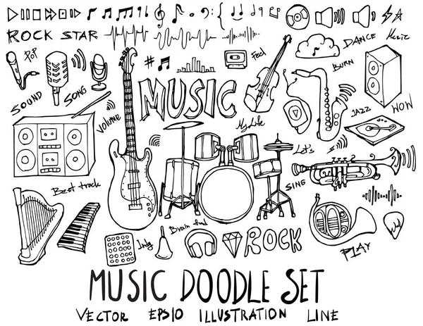 Set Von Musik Illustration Handgezeichnetes Doodle Skizze Linienvektor — Stockvektor