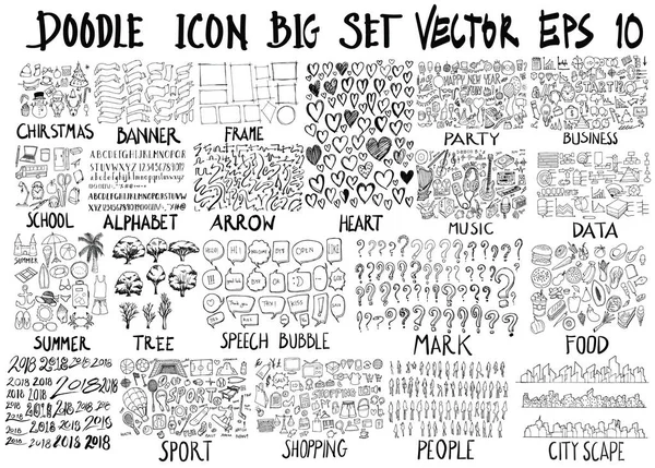 Mega karalama vektörleri kümesi. Noel, kurdele, çerçeve, kalp, parti, iş, okul, alfabe, ok, müzik, bilgi, yaz, ağaç, baloncuk, mark, yiyecek, 2018, spor, dükkan, insan, şehir manzarası.