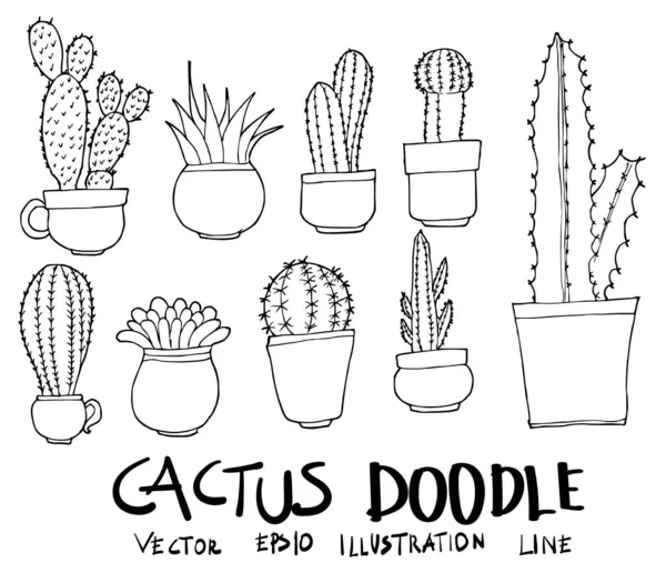 Set Cactus Illustration Hand Drawn Doodle Sketch Line Vector — Stock Vector