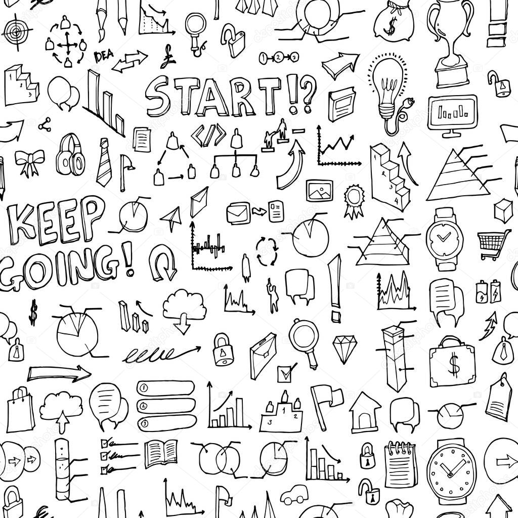 Business doodle background seamless pattern. Drawing vector illustration hand drawn