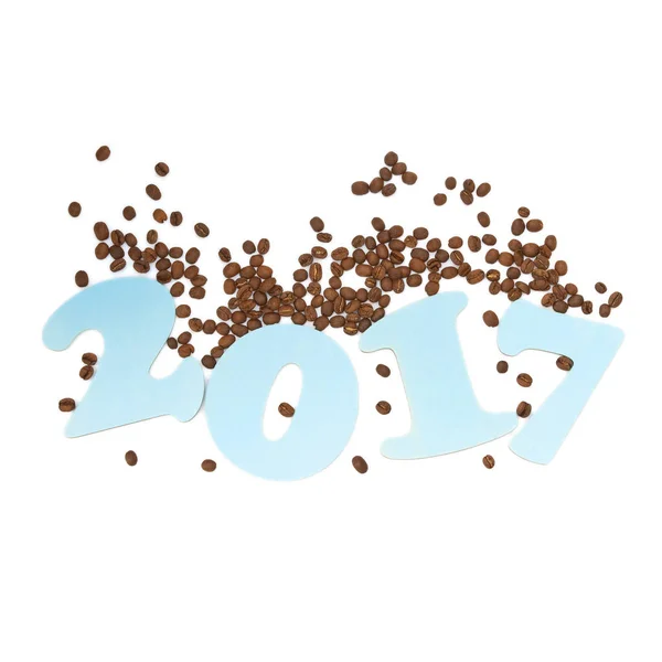 2017 mavi ahşap rakamlar ve kahve çekirdekleri