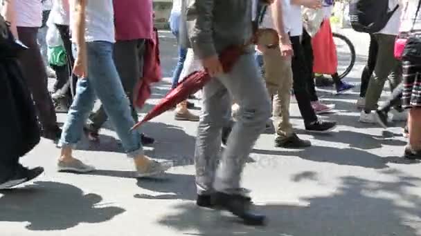 Kišiněv, Moldavsko: anonymní dav nohou s květinami a dětský kočárek jde zleva doprava na Gay Pride v centru města. duben 21 2017 — Stock video