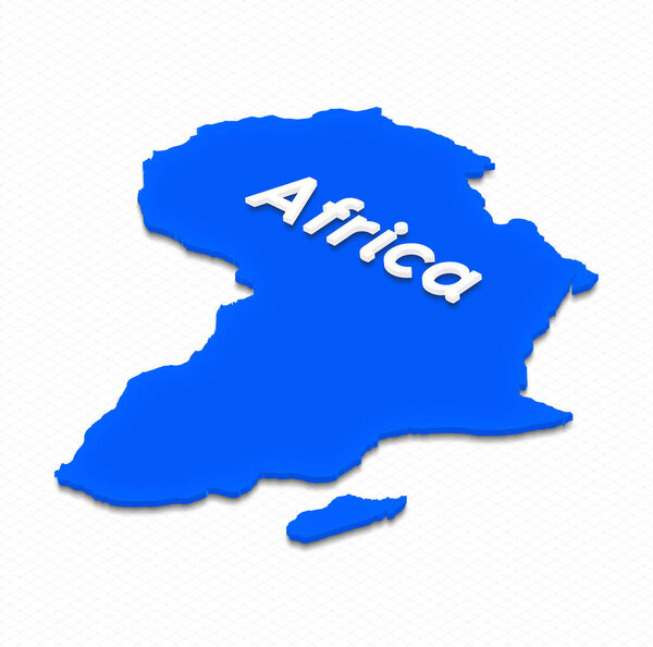 Illustration of a blue ground map of Africa on grid background. Left 3D isometric projection with the name of continent.