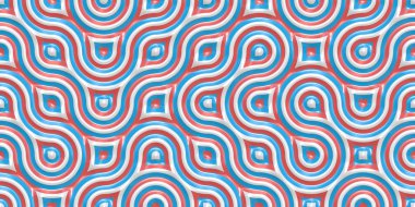 Arka plan Tilling beyaz kırmızı mavi sorunsuz Truchet. Geometrik mozaik bağlantıları doku. Kiremit daireler labirent zemin.