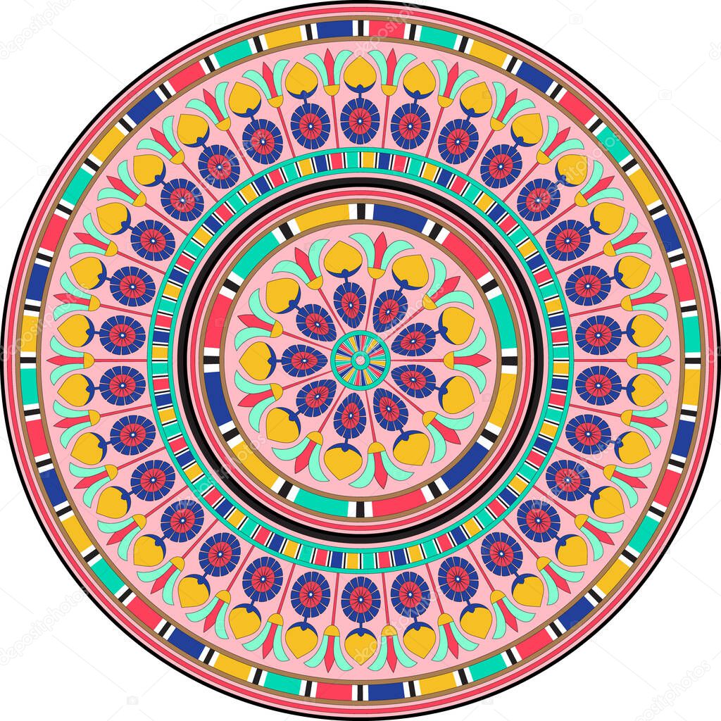 Colored Egypt Circle Ornament. National Culture Decorative Ring Artwork.