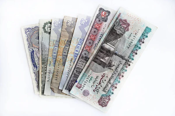Egyiptomi Pénz Arab Font Piastres Készpénz Egyiptomi Pénznem Izolált Bankjegyek — Stock Fotó
