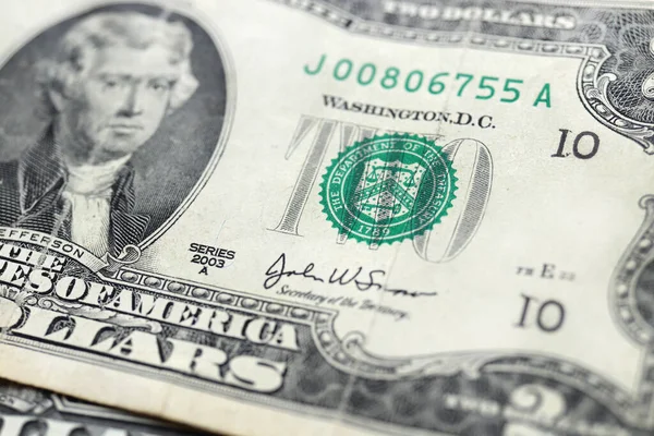 两块钱的背景 美利坚合众国美元钞票的质地 — 图库照片