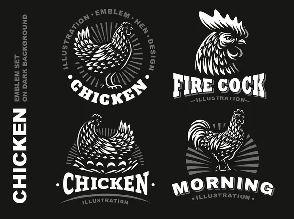 Définir l'emblème du poulet sur fond sombre — Image vectorielle