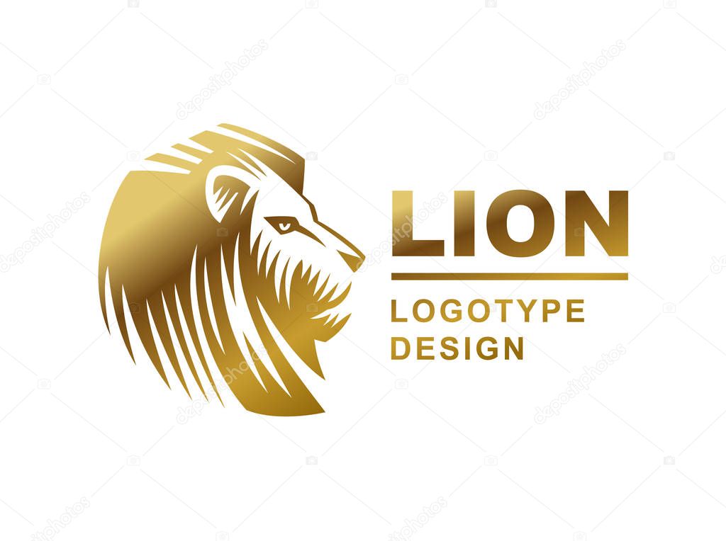 Gold lion head logo - vector illustration, emblem design on white background
