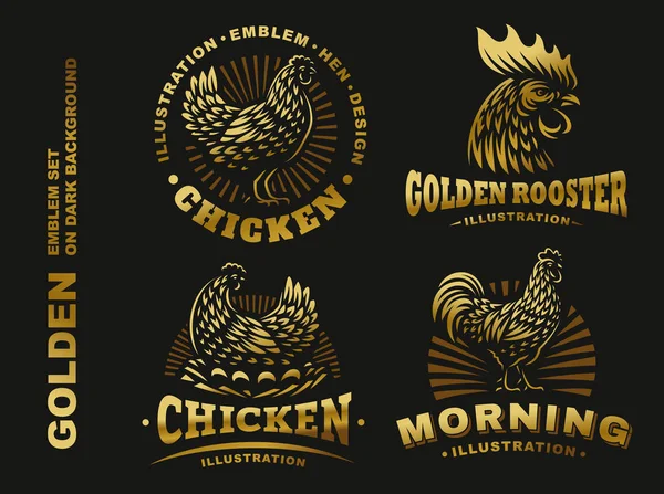 暗い背景にエンブレムをセット黄金の鶏 — ストックベクタ