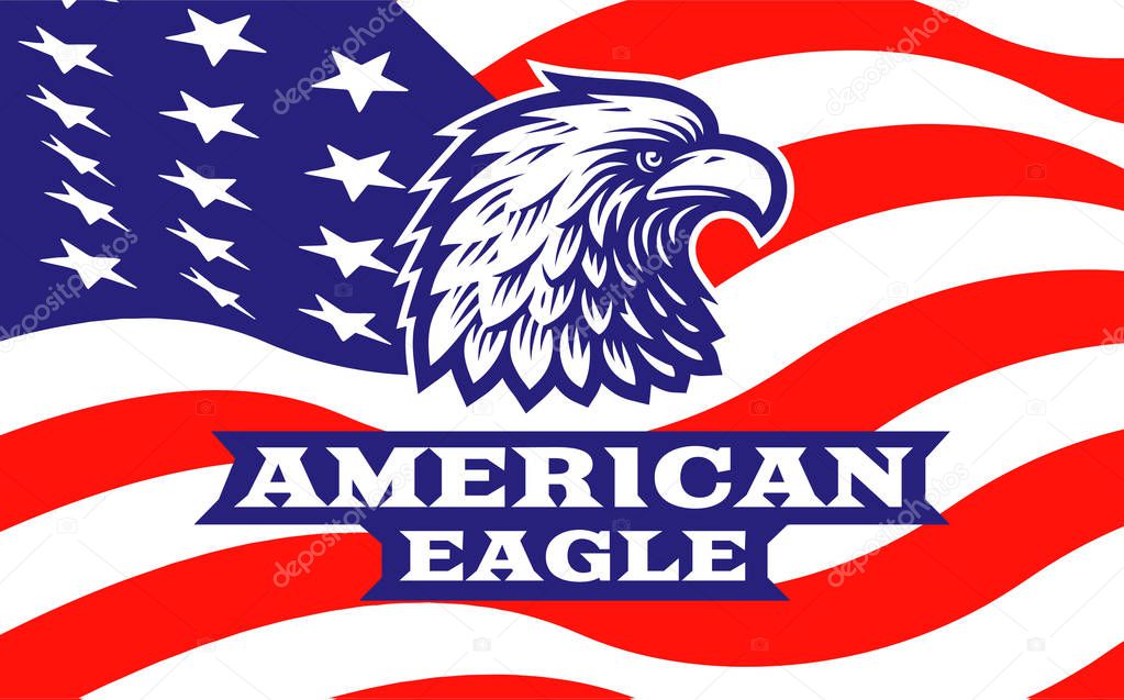 Eagle head logo - vector illustration on american flag background