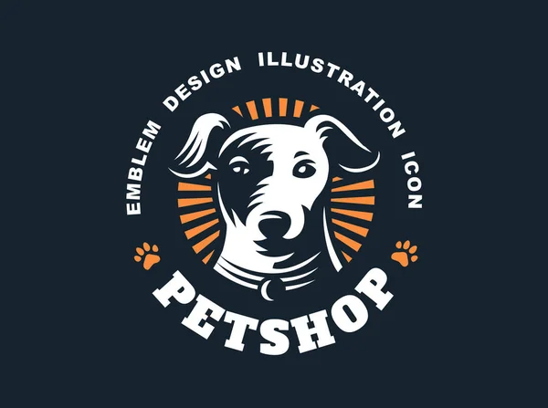 Köpek baş logo - vektör çizim, koyu arka plan üzerinde amblemi — Stok Vektör