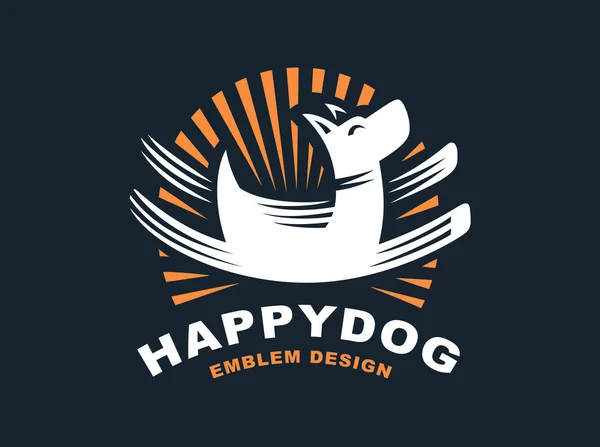 Happy Dog Logo - Vektorabbildung, Emblem auf dunklem Hintergrund — Stockvektor