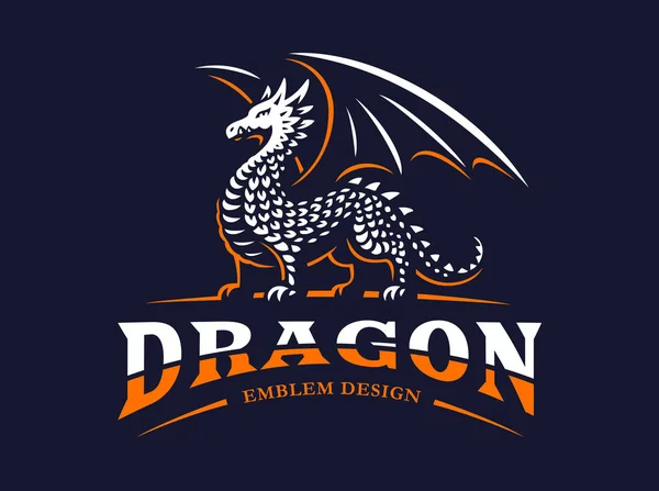 Dragon logo - vectorillustratie, embleem op donkere achtergrond — Stockvector