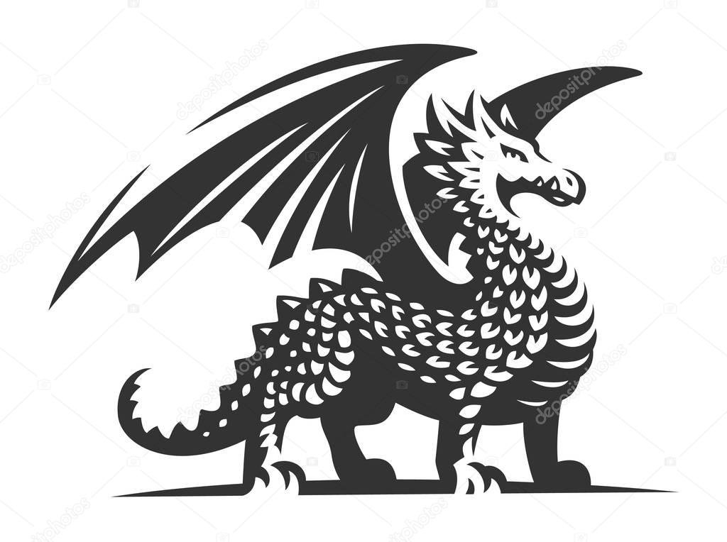 Dragon vector illustration, emblem on white background