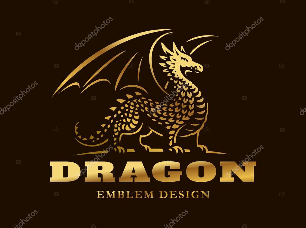 Golden dragon logo - vector illustration, emblem design on dark background