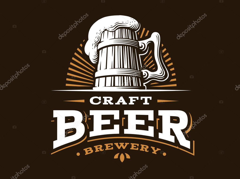 Craft beer logo- vector illustration, emblem brewery design on dark background