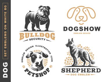 Logo illüstrasyon köpek, evde beslenen hayvan amblemi beyaz arka plan üzerinde ayarla