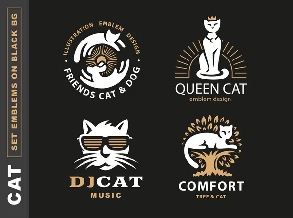 Conjunto logotipo ilustração com gatos, design de emblema —  Vetores de Stock