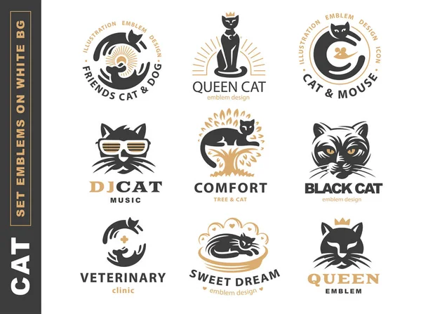 Set logo illustration with cat, emblem design — Stock Vector