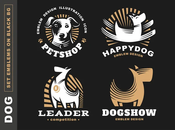 Set logo gambar anjing, lambang hewan peliharaan di latar belakang hitam - Stok Vektor
