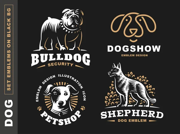 Set logo ilustración perro, emblema de mascota sobre fondo negro — Vector de stock