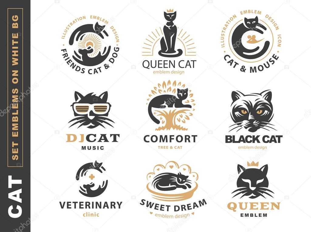 Set logo illustration with cat, emblem design