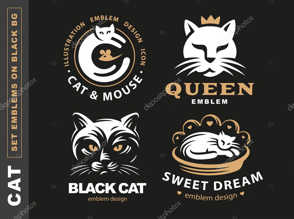 Set logo illustration cat, emblem design on black background